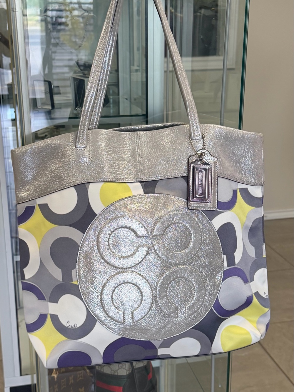 Coach Silver Metallic Logo Tote with Yellow and Purple Signature Print